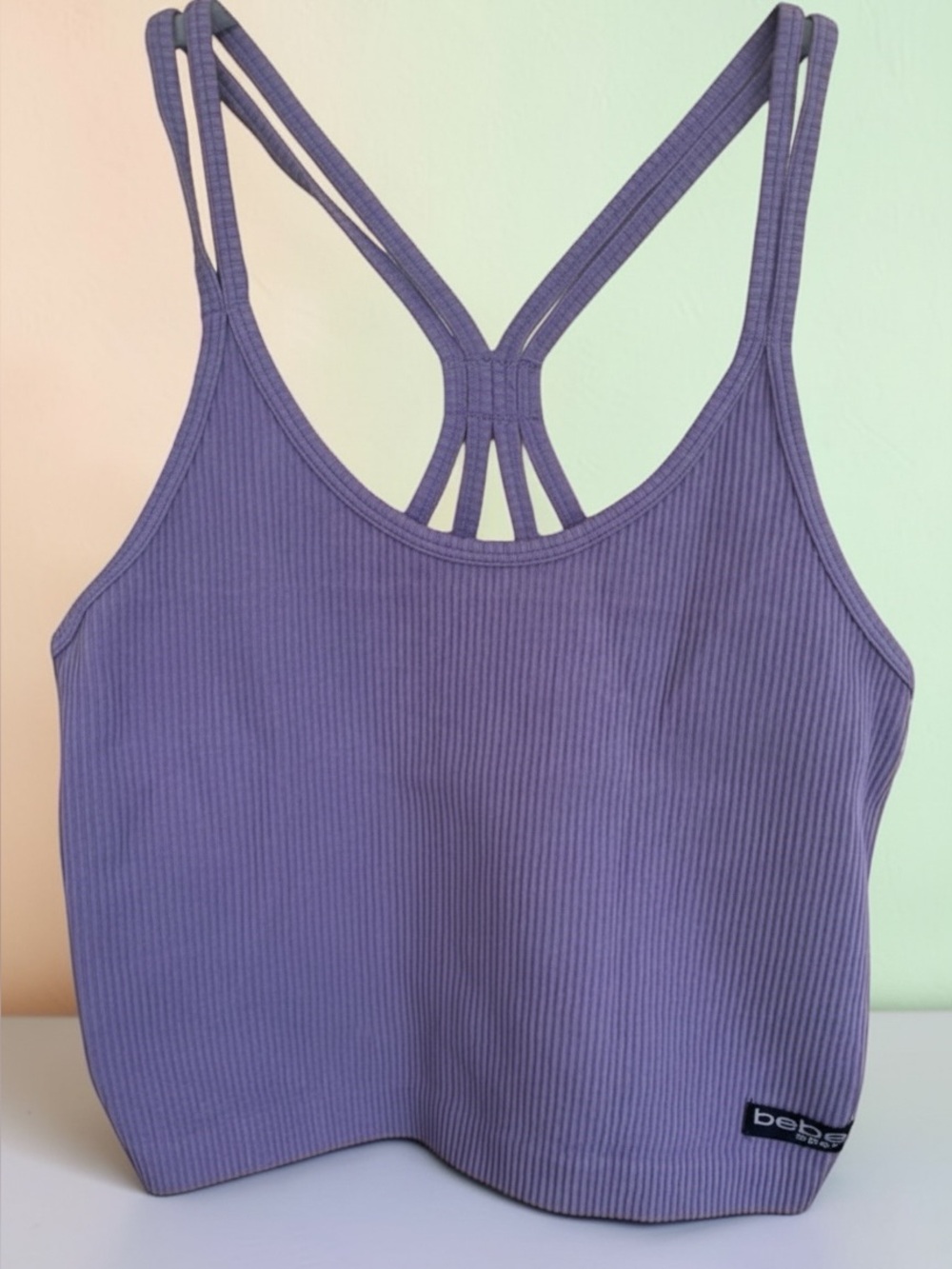 bebe Sport Seamless Ribbed Crop Top Sports Bra Purple NWT
